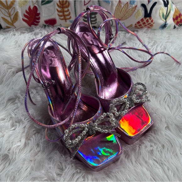 Dolls Kill • Iridescent Pink Lace Up Pyramid Heels - Picture 14 of 16